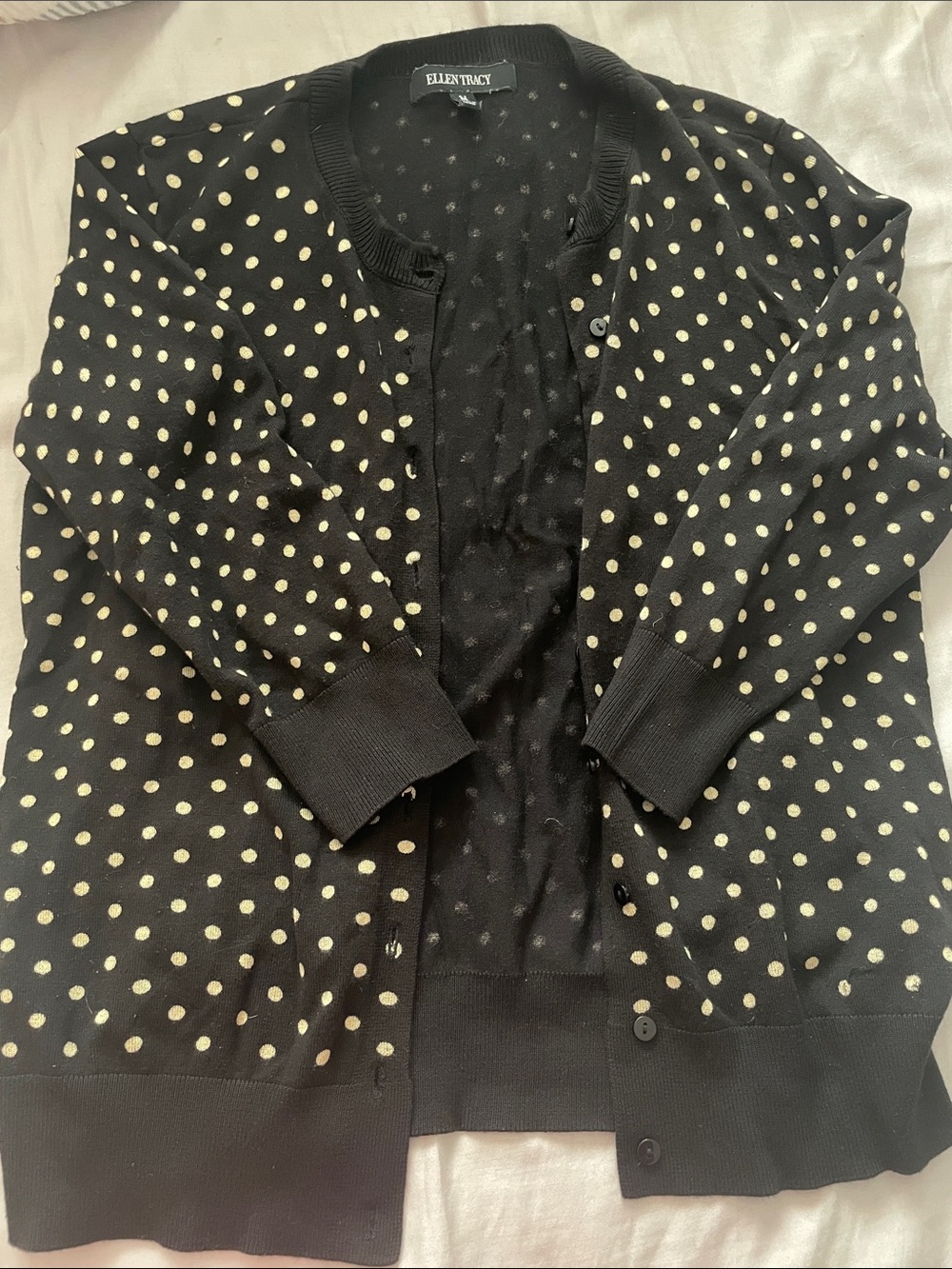 Ellen Tracy Black Cardigan with Cream Polka Dots